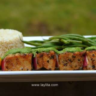Grilled tuna skewers with salsa verde