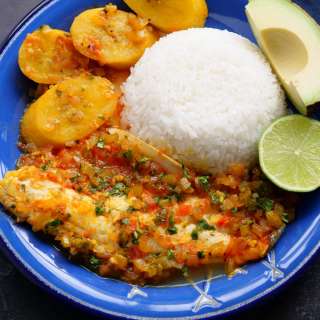 Sudado de pescado or fish stew with plantains