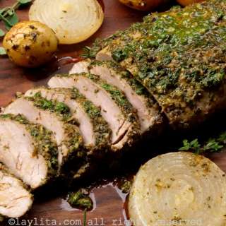 Roasted pork tenderloin with herb and garlic chimichurri