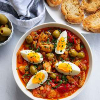 Bacalao a la Vizcaína (Salted Cod Fish in tomato and roasted pepper sauce)