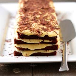 Layered Dark Chocolate and Egg Nog Mousse Cake