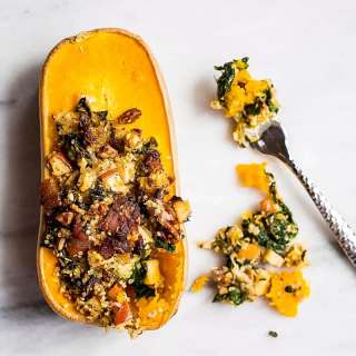 Stuffed Butternut Squash with Bacon, Apples & Pecans