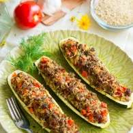 Stuffed Zucchini Boats with Garlic Sauce