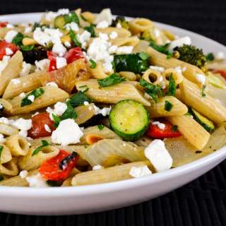 Roasted Veggie Pasta Salad with Lemon and Feta
