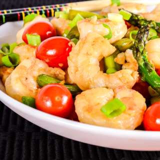 Shrimp Stir Fry with Asparagus and Grape Tomatoes