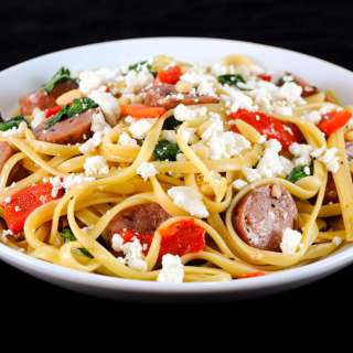 Linguine with Roasted Bell Peppers, Chicken Sausage, Spinach, and Feta