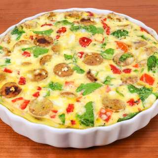 Frittata with Jalapeno Chicken Sausage, Spinach, Roasted Bell Peppers, and Feta