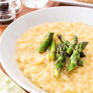 No-Stir Brie Risotto with Lemon Butter Asparagus