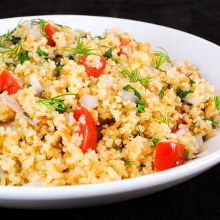 Roasted Garlic Couscous with Tomatoes, Dill, Onion, and Spinach