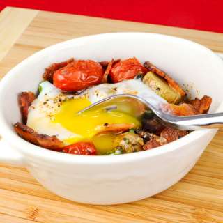 Baked Egg with Potatoes, Bacon, and Roasted Tomatoes & Asparagus