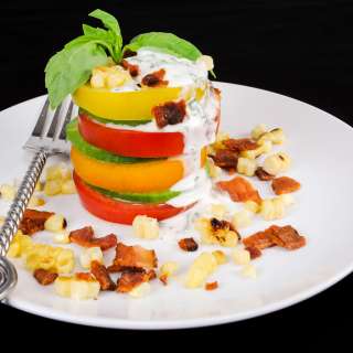 Tomato Stack Salad with Corn, Bacon, and Avocado