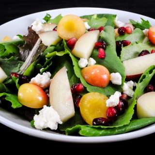 Mixed Greens with Rainier Cherries, Nectarine, Feta Cheese, and a White Balsamic Vinaigrette