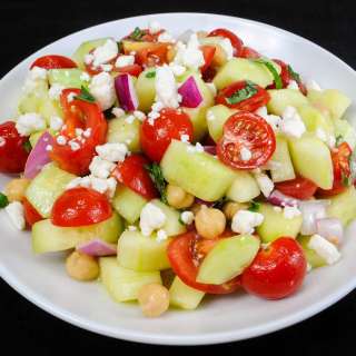 Cucumber and Tomato Salad with Garbanzo Beans and Basil