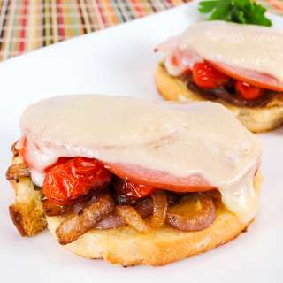 Ham, Swiss, Caramelized Onion, and Sautéed Tomato Open-Faced Sandwich