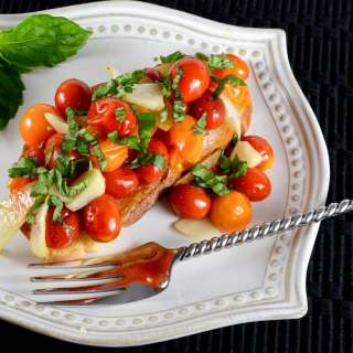 Roasted Grape Tomatoes, Onions, and Garlic on Toast with Fresh Basil
