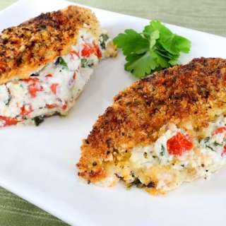 Panko-Crusted Chicken Stuffed with Ricotta, Spinach, Tomatoes, and Basil