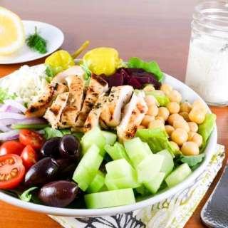 Greek Salad with Lemon-Herb Grilled Chicken and Creamy Greek Dressing