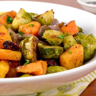 Roasted Brussels Sprouts and Butternut Squash with Dried Cranberries