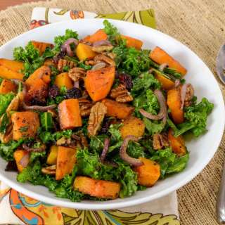 Kale Sauté with Roasted Butternut Squash, Dried Cranberries, and Pecans