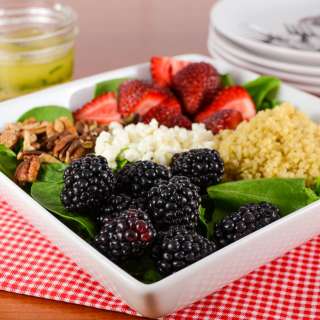 Berry Quinoa Spinach Salad with White Balsamic Basil Vinaigrette