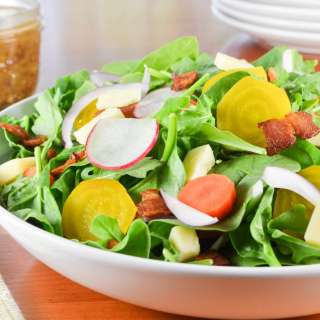 Irish Root Salad with Spinach, Sharp White Cheddar, and Bacon-Mustard Vinaigrette