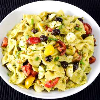 Pesto Pasta Salad with Heirloom Tomatoes, Mozzarella, and Olives