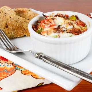 Baked Egg with Bacon, Asparagus, Tomato, and Extra Sharp Cheddar