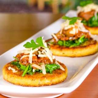 Crisp Polenta Topped with Sautéed Spinach and Slow-Simmered Mushroom & Meat Sauce