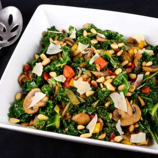 Warm Balsamic Kale, Mushroom, and Pepper Salad with Toasted Pine Nuts
