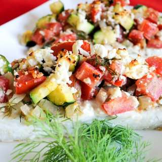Baked Halibut Topped with Zucchini, Tomato, Dill, and Feta