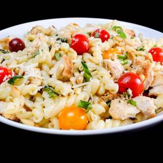 Gemelli with Chicken, Garlic, Heirloom Tomatoes, Basil, and Asiago