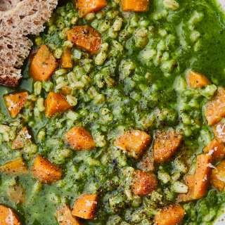 Carrot Barley Stew with Kale Sauce