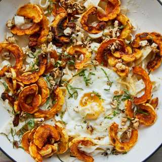 Delicata Squash Pasta with Egg and Goat Cheese