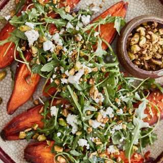 Sweet Potatoes with Sesame-Pistachios and Miso-Citrus Dressing