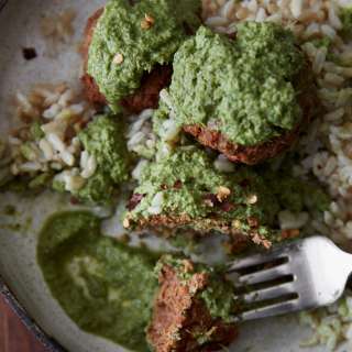 Lentil Bites with Broccoli Pesto and Rice