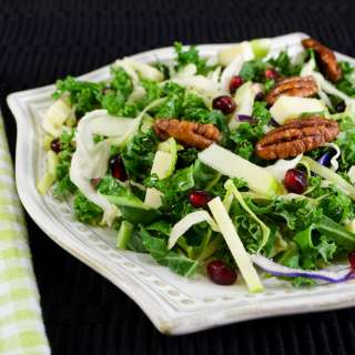 Shaved Kale and Brussels Sprout Salad with Pomegranate, Apple, Sharp Cheddar, Sugared Pecans and White Balsamic Vinaigrette