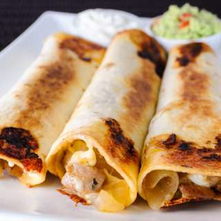 Pork Tenderloin, Caramelized Onion, and Monterey Jack Baked Flautas