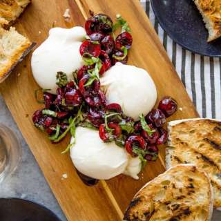 BURRATA WITH BALSAMIC CHERRIES AND BASIL
