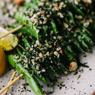 Grilled Snap Peas with Hazelnut-Dill Crumb