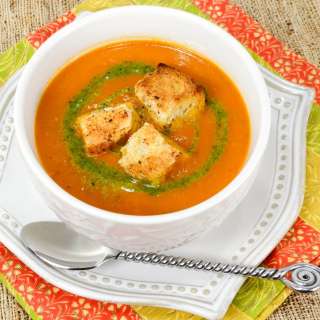Slow-Roasted Tomato Orange Soup with Pesto