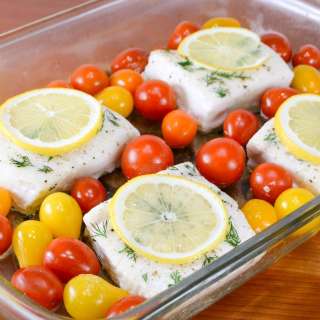 Roasted Halibut with Tomatoes, Lemon, and Dill