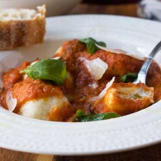 Easy ricotta gnudi with roasted tomato sauce
