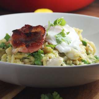 Smoked fish risotto with bacon & a poached egg