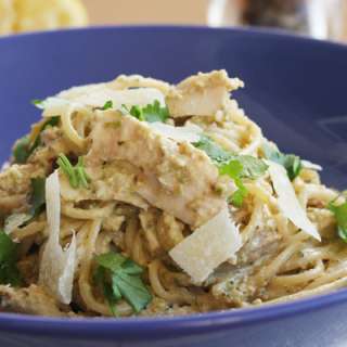 Aubergine, courgette, walnut & chicken pesto spaghetti
