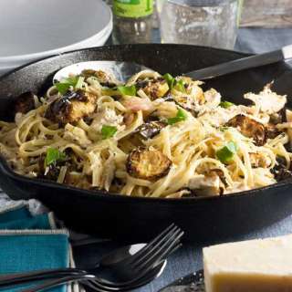 Creamy turkey, bacon and brussels sprouts linguine (great for leftovers!)