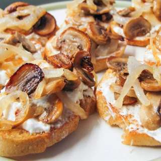 Caramelized Onion and Mushroom Crostini with Feta and Roasted Garlic Cheese Spread