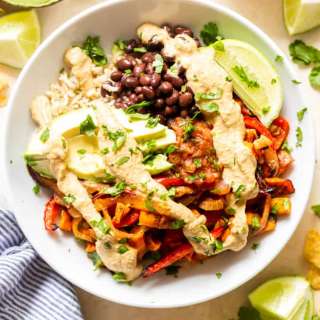 Roasted Veggie Burrito Bowls with Vegan Queso
