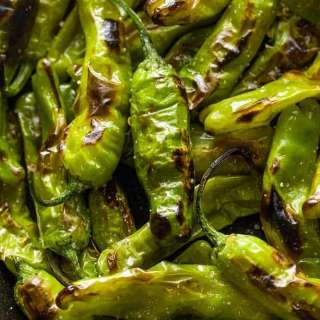 Blistered Shishito Peppers with Garlic Lemon Yogurt Dip