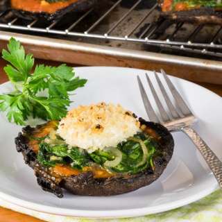 Stuffed Portobellos with Marinara, Spinach, and Panko Crusted Goat Cheese