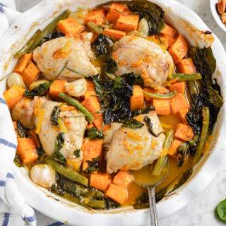 One Pan Baked Chicken And Sweet Potatoes With Maple Orange Sauce